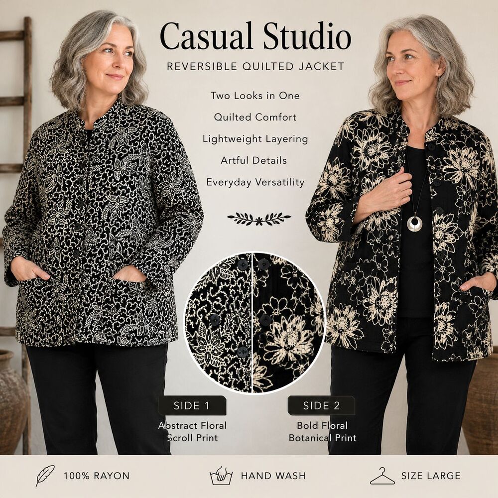 Casual Studio Reversible Floral Quilted Jacket L Embroidered Black White Boho